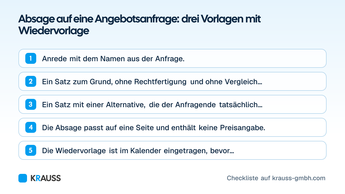 Die ersten 5 von 5 Punkten der Checkliste Absage auf eine Angebotsanfrage: drei Vorlagen mit Wiedervorlage