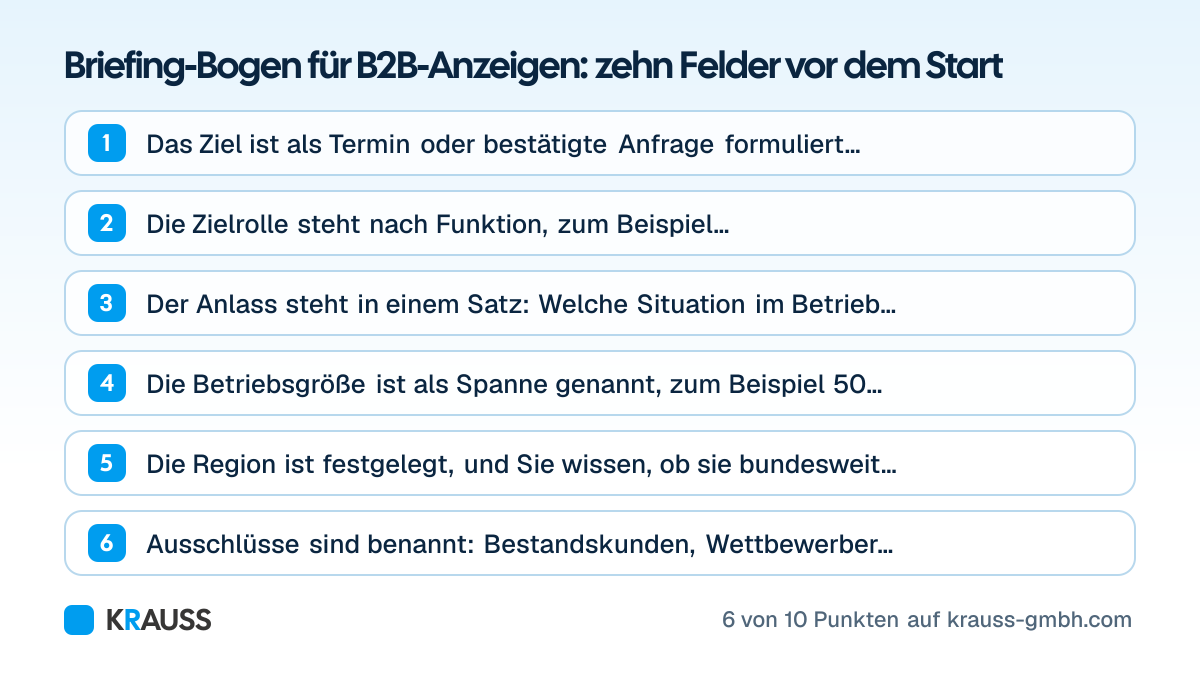 Die ersten 6 von 10 Punkten der Checkliste Briefing-Bogen für B2B-Anzeigen: zehn Felder vor dem Start