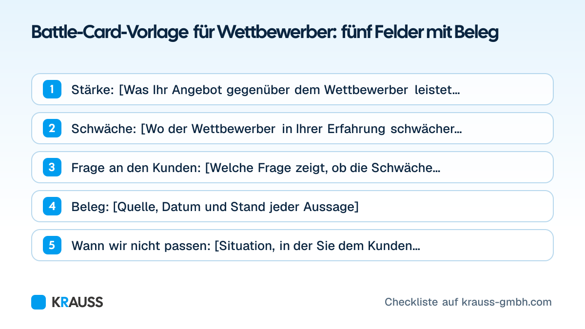 Die ersten 5 von 5 Punkten der Checkliste Battle-Card-Vorlage für Wettbewerber: fünf Felder mit Beleg
