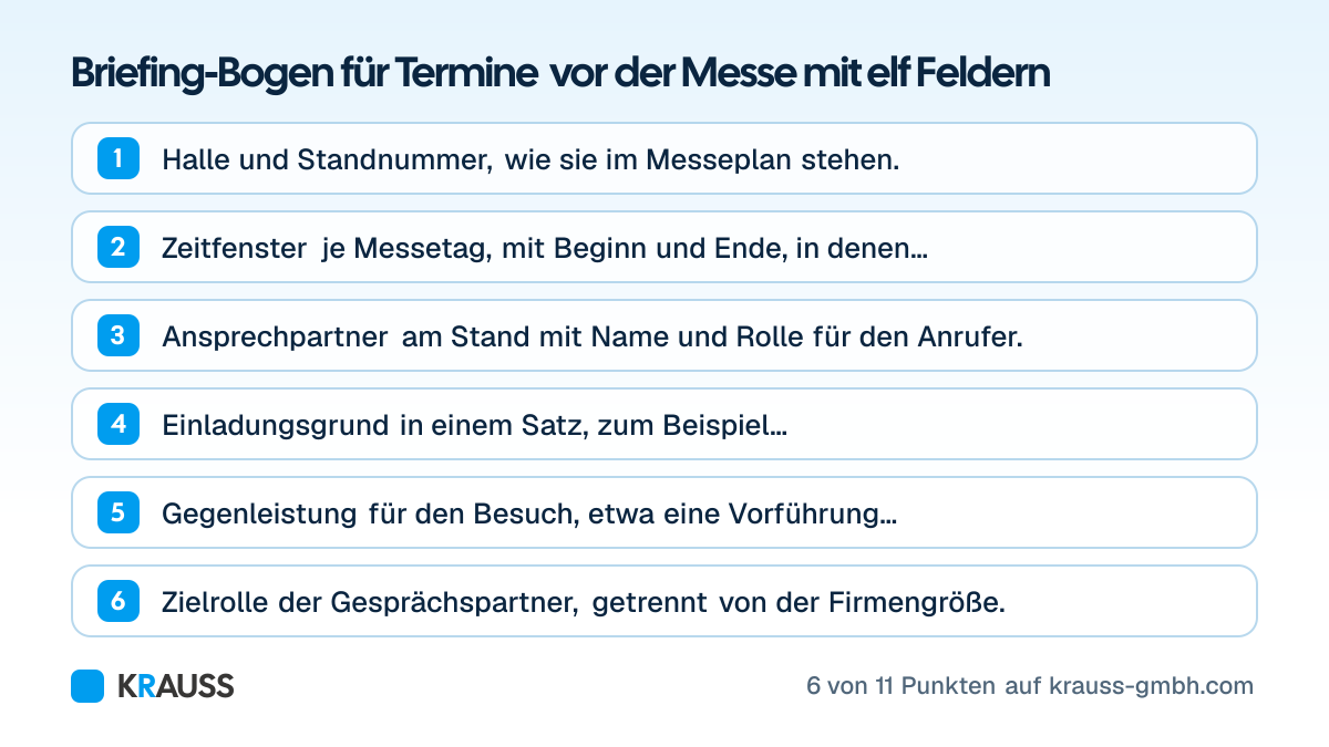 Die ersten 6 von 11 Punkten der Checkliste Briefing-Bogen für Termine vor der Messe mit elf Feldern