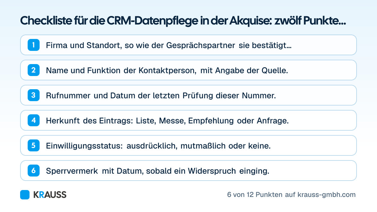 Die ersten 6 von 12 Punkten der Checkliste Checkliste für die CRM-Datenpflege in der Akquise: zwölf Punkte je Datensatz