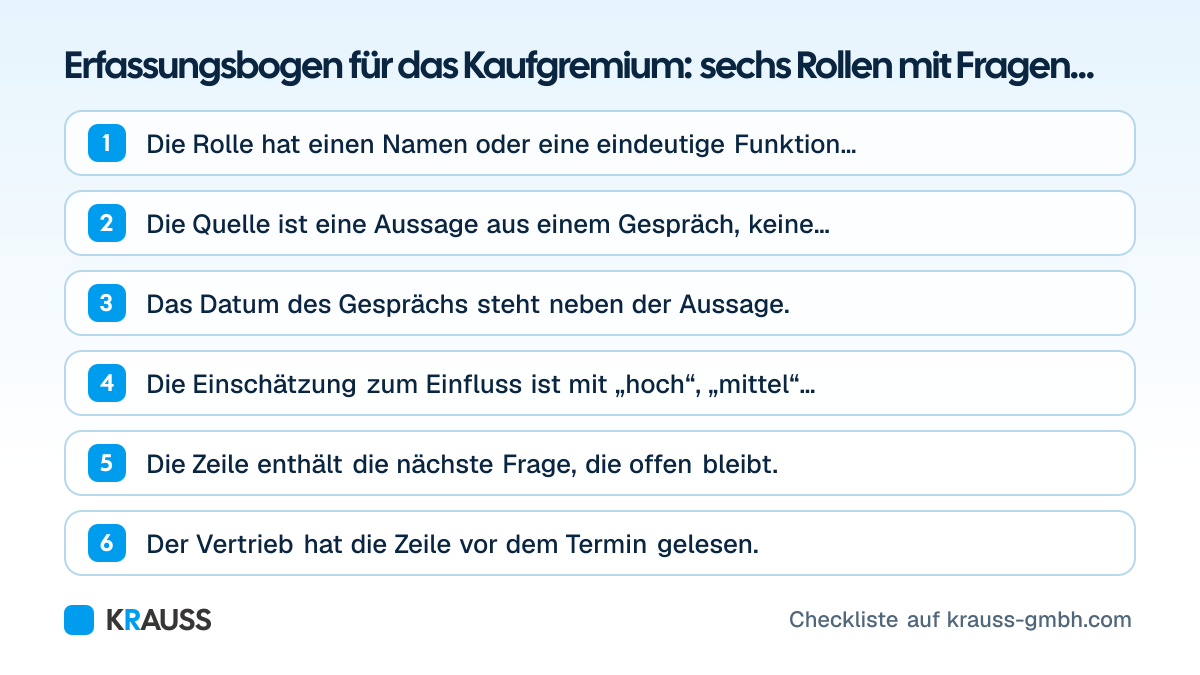 Die ersten 6 von 6 Punkten der Checkliste Erfassungsbogen für das Kaufgremium: sechs Rollen mit Fragen und Quelle