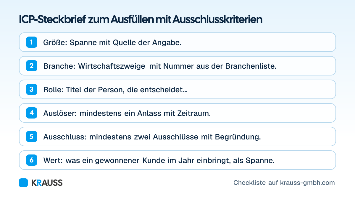 Die ersten 6 von 6 Punkten der Checkliste ICP-Steckbrief zum Ausfüllen mit Ausschlusskriterien