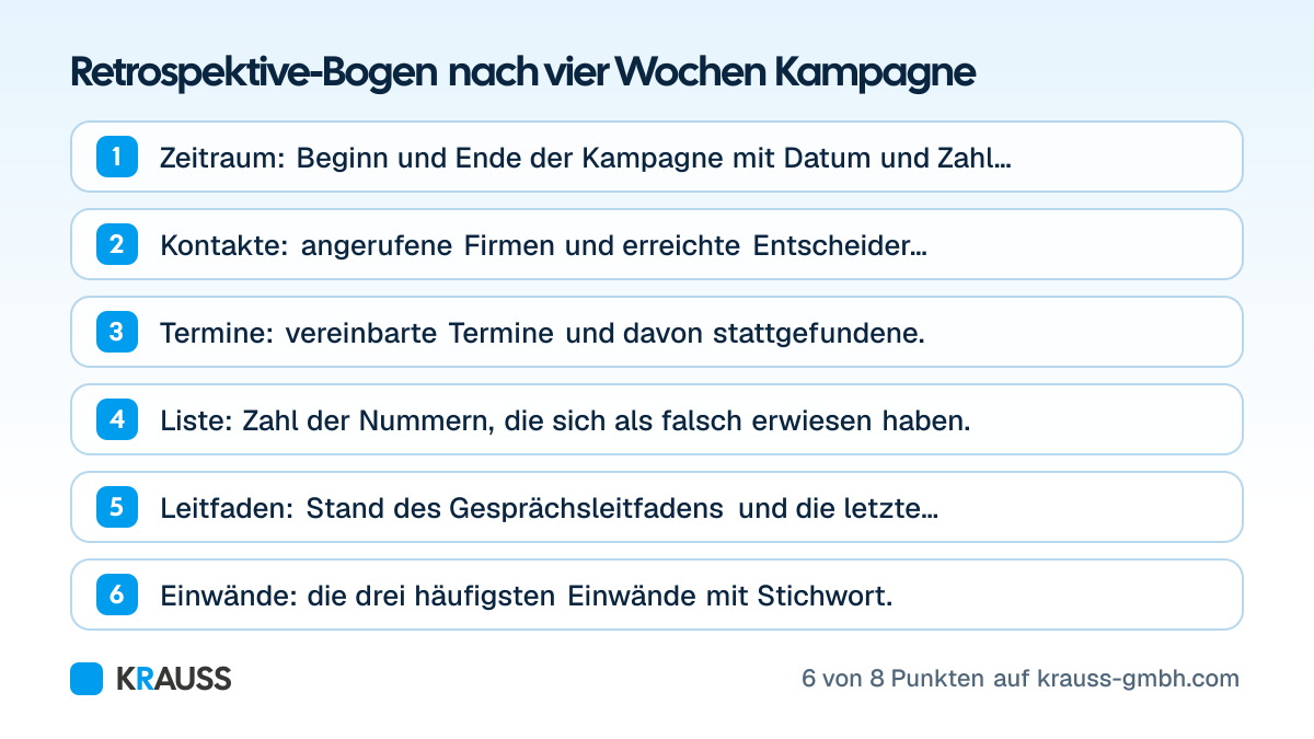 Die ersten 6 von 8 Punkten der Checkliste Retrospektive-Bogen nach vier Wochen Kampagne