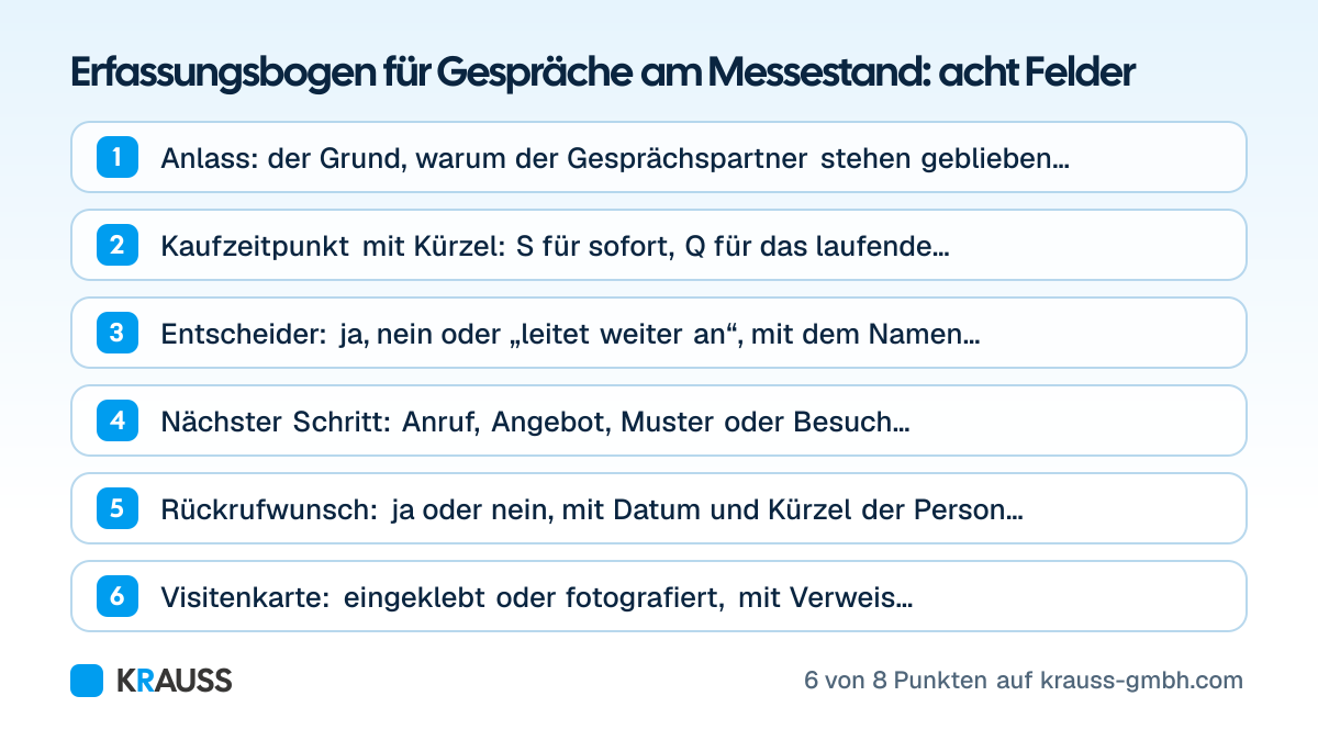 Die ersten 6 von 8 Punkten der Checkliste Erfassungsbogen für Gespräche am Messestand: acht Felder