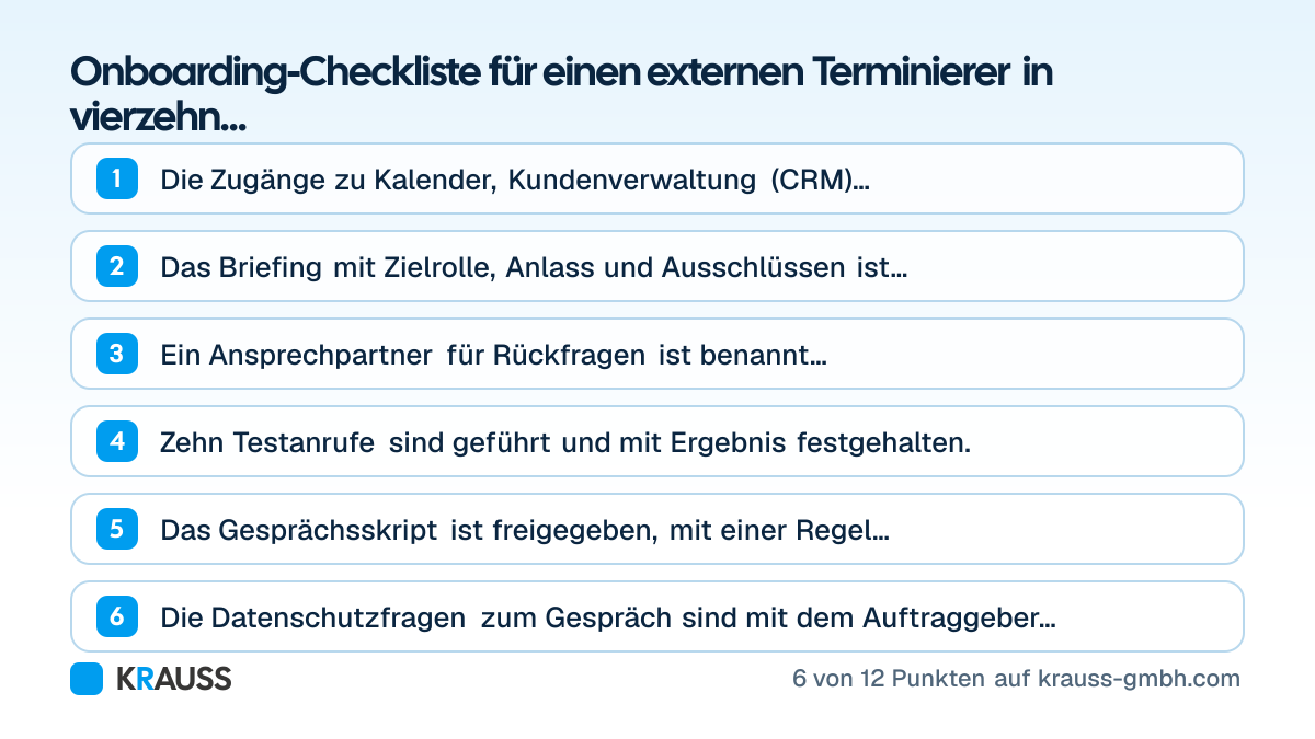 Die ersten 6 von 12 Punkten der Checkliste Onboarding-Checkliste für einen externen Terminierer in vierzehn Tagen