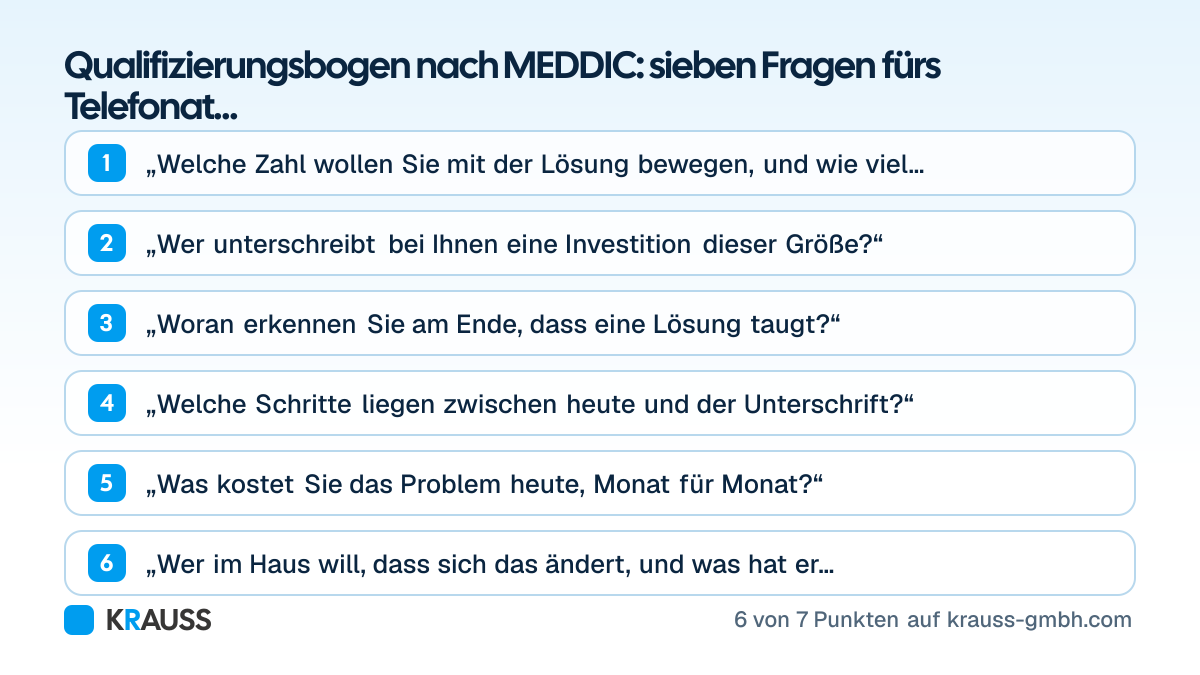 Die ersten 6 von 7 Punkten der Checkliste Qualifizierungsbogen nach MEDDIC: sieben Fragen fürs Telefonat mit Punkten