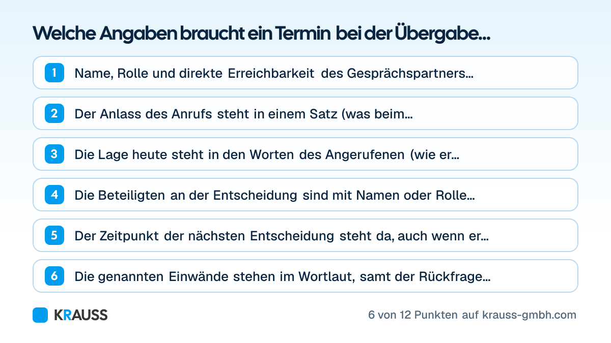 Die ersten 6 von 12 Punkten der Checkliste Welche Angaben braucht ein Termin bei der Übergabe an den Außendienst?