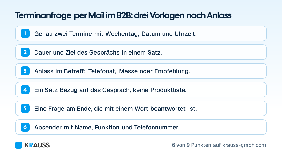 Die ersten 6 von 9 Punkten der Checkliste Terminanfrage per Mail im B2B: drei Vorlagen nach Anlass