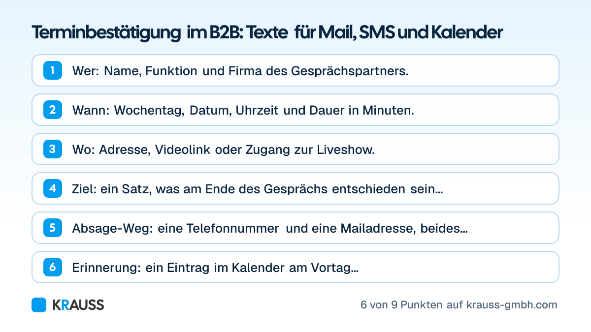 Die ersten 6 von 9 Punkten der Checkliste Terminbestätigung im B2B: Texte für Mail, SMS und Kalender