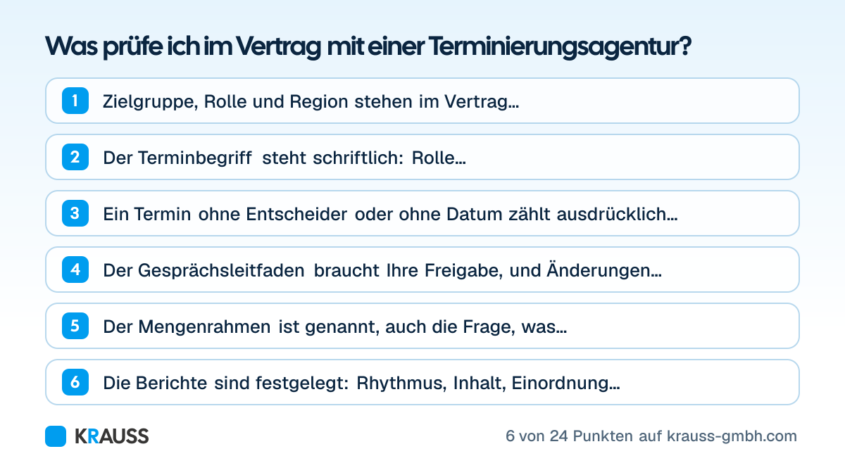 Die ersten 6 von 24 Punkten der Checkliste Was prüfe ich im Vertrag mit einer Terminierungsagentur? Checkliste mit 24 Punkten