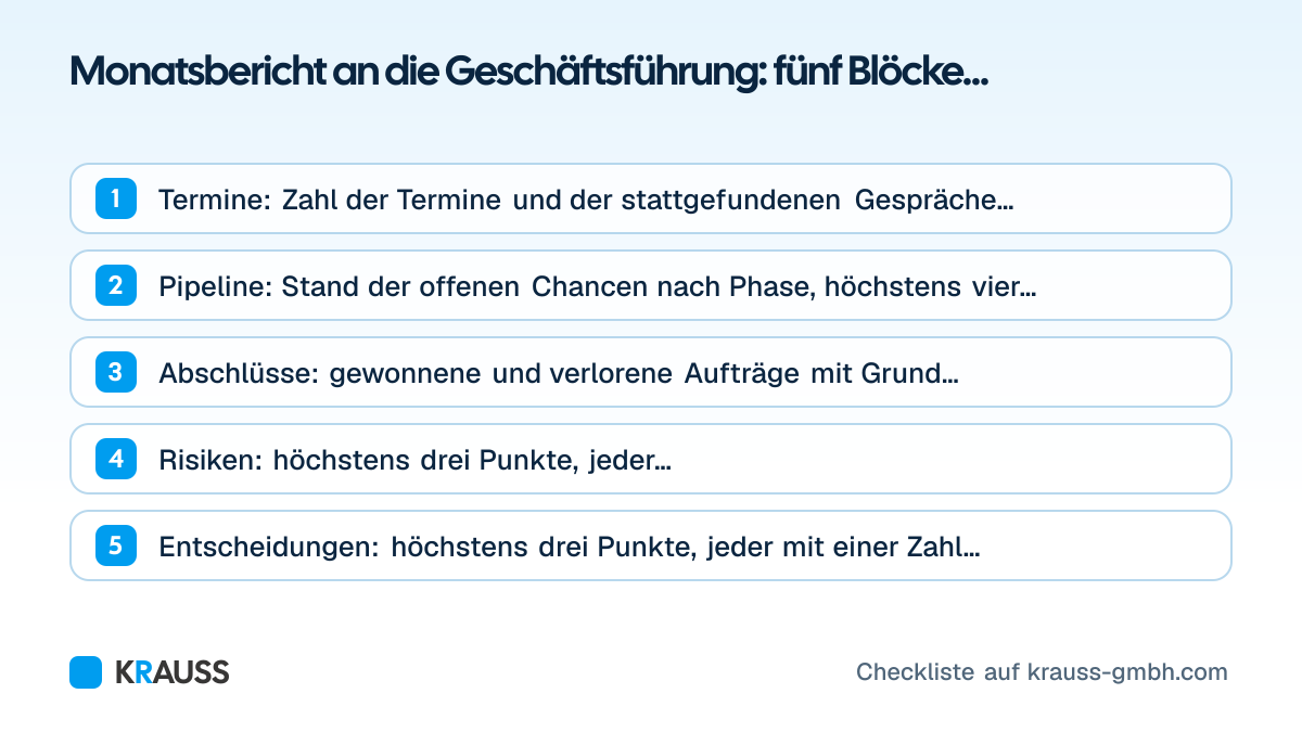 Die ersten 5 von 5 Punkten der Checkliste Monatsbericht an die Geschäftsführung: fünf Blöcke auf einer Seite